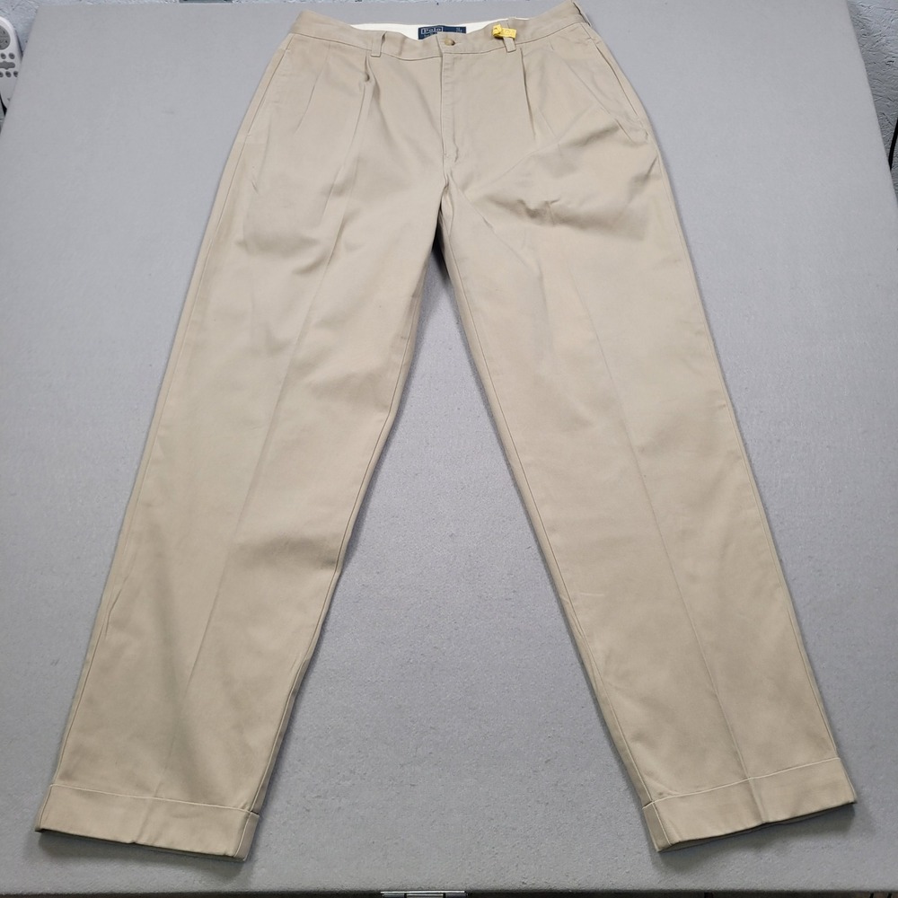 Polo Ralph Lauren Hammond Pant Mens 36x32 Khaki Pleated Chino Cuffed Cotton